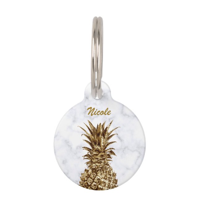 Médaillon Pour Animaux Ananas élégant en marbre blanc et doré (Devant)