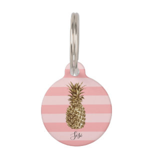 Médaillon Pour Animaux Ananas et rayure rose joli et élégant