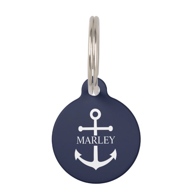 Médaillon Pour Animaux Ancre bleue marine nautique avec nom personnalisé (Devant)