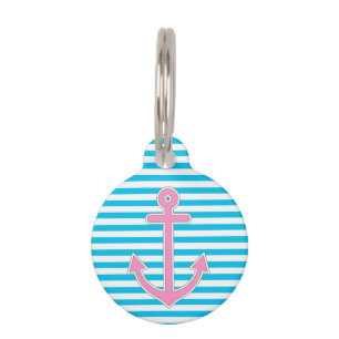 Médaillon Pour Animaux Ancre de rose de rayures bleues nautique