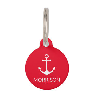 Médaillon Pour Animaux Ancre nautique Rouge blanc Personnalisé Nom info c