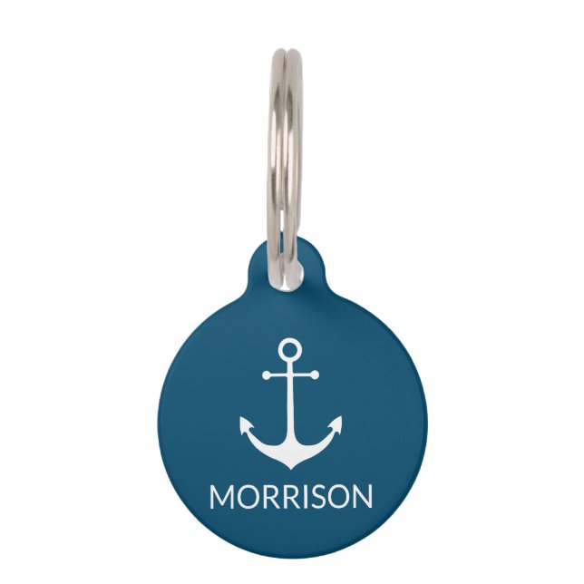 Médaillon Pour Animaux Ancre nautique turquoise bleu personnalisé Nom inf (Devant)