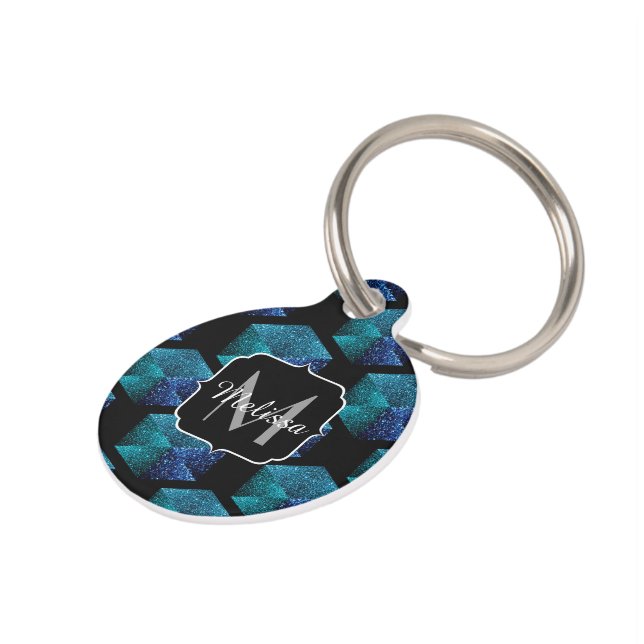 Médaillon Pour Animaux Aqua bleu étincelle diamant Monogramme géométrique (Côté )