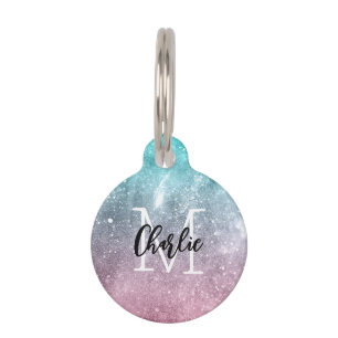Médaillon Pour Animaux Aqua blue Pink ombre mer galaxie abstraite Monogra