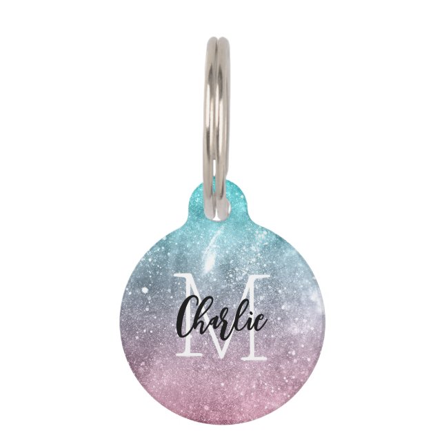 Médaillon Pour Animaux Aqua blue Pink ombre mer galaxie abstraite Monogra (Devant)