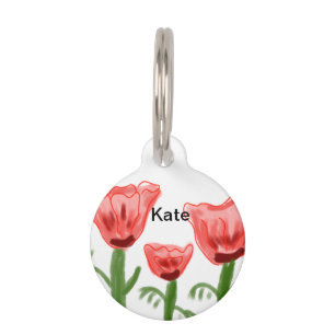 Médaillon Pour Animaux Aquarelle florale rouge ajouter le nom du texte à