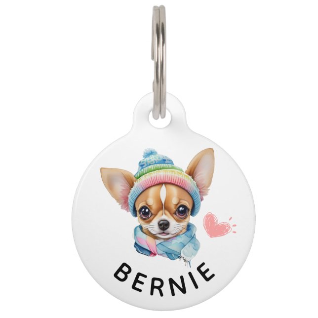 Médaillon Pour Animaux Aquarelle mignonne Chihuahua Chien, Nom, Téléphone (Devant)