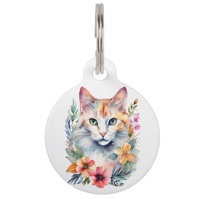 Médaillon Pour Animaux Aquarelle Style floral blanc chat (Devant)