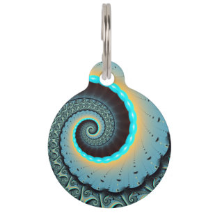 Médaillon Pour Animaux Art fractal spirale abstrait bleu turquoise orange