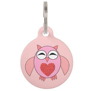 Médaillon Pour Animaux Balise Chien Personnalisé de Chouette Coeur Rose L