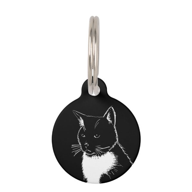 Médaillon Pour Animaux Balise de chat illustrée en noir et blanc (Devant)