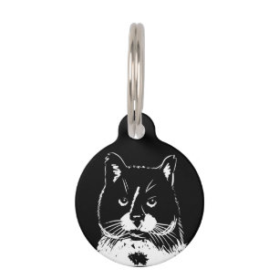 Médaillon Pour Animaux Balise de chat illustrée en noir et blanc