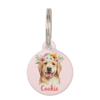 Médaillon Pour Animaux Balise Golden Retriever Watercolor Flower Round Pe
