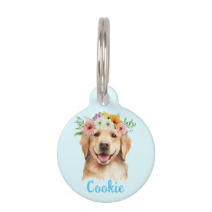 Médaillon Pour Animaux Balise Golden Retriever Watercolor Flower Round Pe
