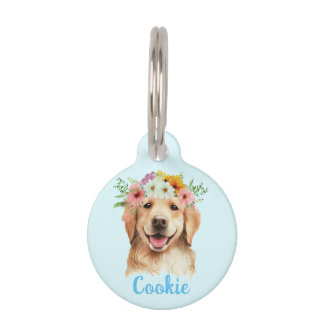 Médaillon Pour Animaux Balise Golden Retriever Watercolor Flower Round Pe