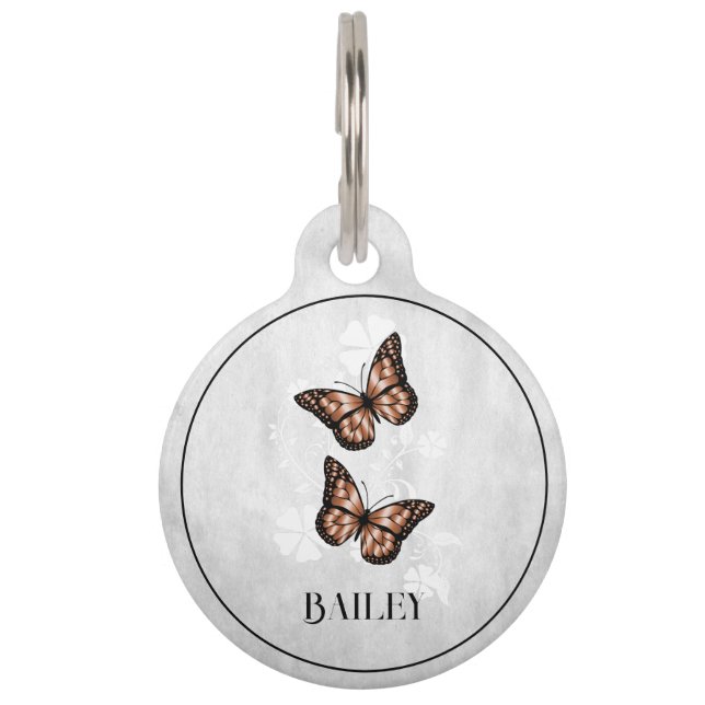 Médaillon Pour Animaux Balise Papillon en cuivre - Arrondi Floral (Devant)