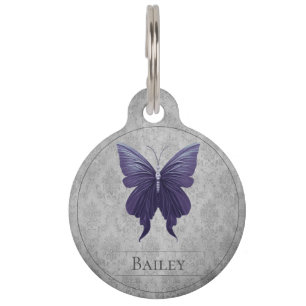 Médaillon Pour Animaux Balise Papillon rond à puce pourpre