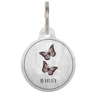 Médaillon Pour Animaux Balise papillon rose floral rond animal