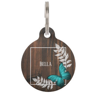 Médaillon Pour Animaux Balise Turquoise Rustique Papillon rond animal