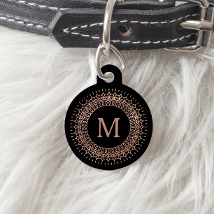 Médaillon Pour Animaux Black & Faux Rose Gold Initial Monogram