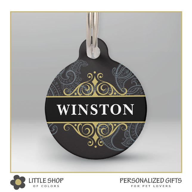 Médaillon Pour Animaux Black Gold Paisley Customisé (Créateur téléchargé)