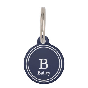 Médaillon Pour Animaux Bleu et blanc de nuit simple avec nom et monogramm