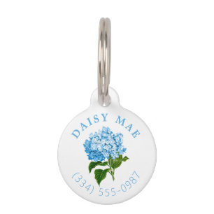Médaillon Pour Animaux Blue Hydrangea Nom et numéro de téléphone
