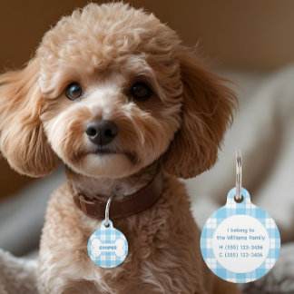 Médaillon Pour Animaux Blue White Plaid Pattern Name Bone 