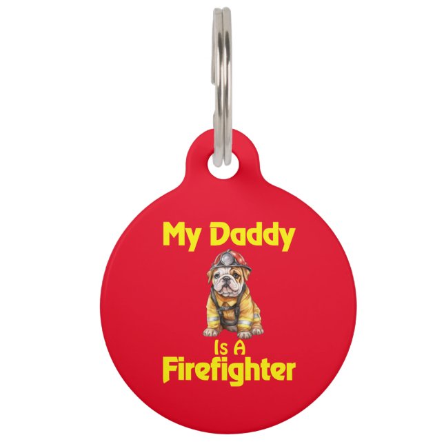 Médaillon Pour Animaux Bouledogue Personnalisé Mon Papa Est Un Pompier (Devant)