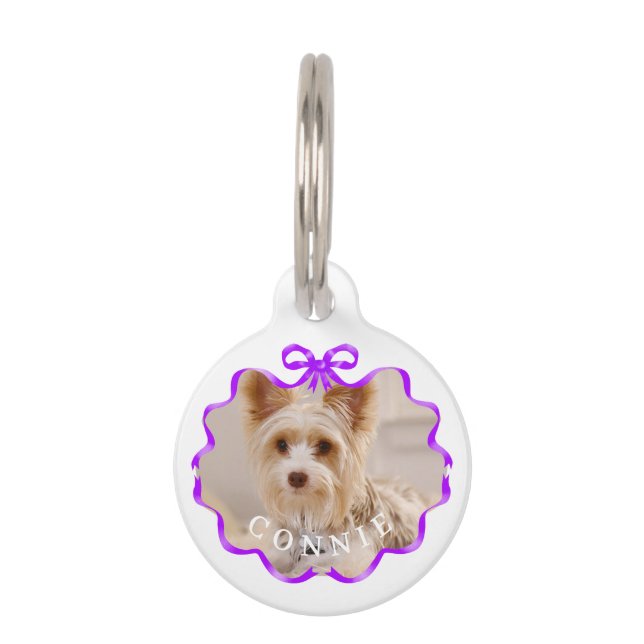 Médaillon Pour Animaux Bow Ruban Pet Photo Blanc Violet (Devant)