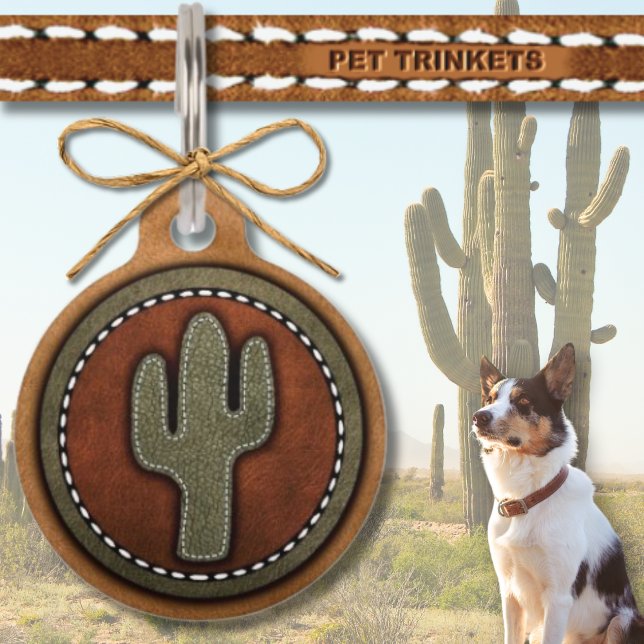 Médaillon Pour Animaux Cactus en cuir Brown vert Occidental (Créateur téléchargé)