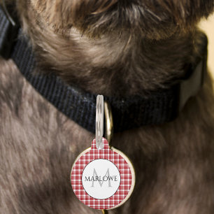 Médaillon Pour Animaux Carreaux Rouge Blanc Monogramme
