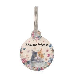 Médaillon Pour Animaux Chat calico au pelage tricolore cercle floral 
