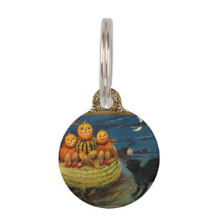 Médaillon Pour Animaux Chat noir vintage Halloween Citrouille