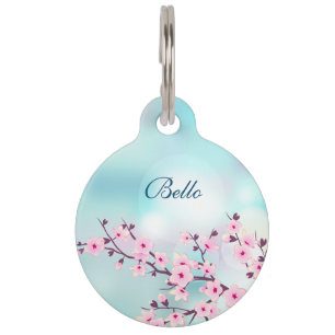 Médaillon Pour Animaux Cherry Blossoms rose Turquoise Personnaliser