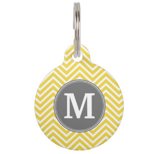 Médaillon Pour Animaux Chevron jaune et gris Motif avec Monogramme