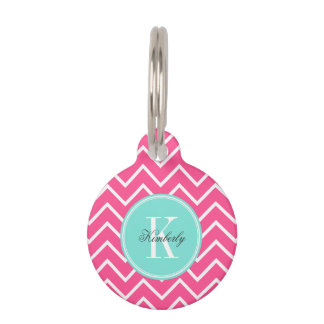 Médaillon Pour Animaux Chevron rose avec le monogramme de turquoise