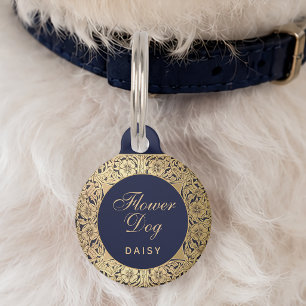 Médaillon Pour Animaux Chien de Fleurs Roses Dorées Bleu Marine Élégant M