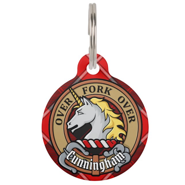Médaillon Pour Animaux Clan Cunningham Crest sur Tartan (Devant)