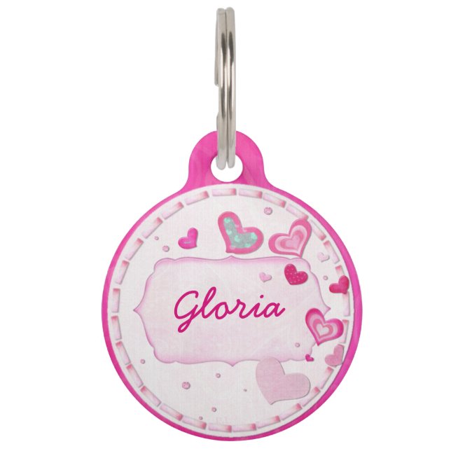 Médaillon Pour Animaux Coeurs roses Bijoux CONTACT PERSONNALISÉ (Devant)