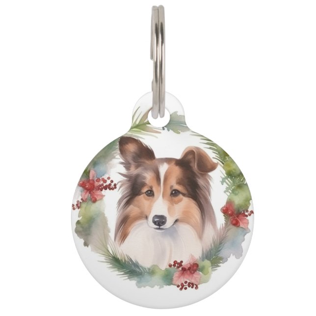 Médaillon Pour Animaux Couronne de Noël de Sheltie Chien festif (Devant)