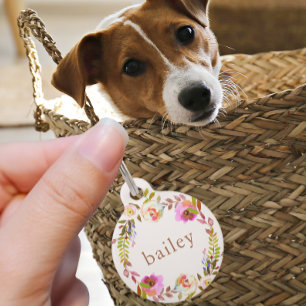 Médaillon Pour Animaux Couronne florale rustique avec nom et téléphone de