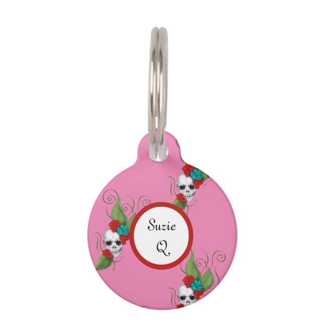 Médaillon Pour Animaux Crânes & Roses (Devant)