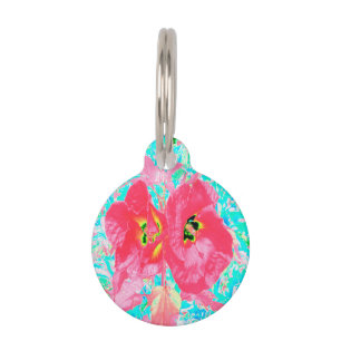 Médaillon Pour Animaux Deux Rosy Red Coral Plum Crazy Hibiscus sur Aqua