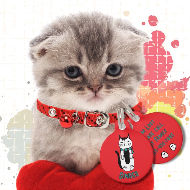 Médaillon Pour Animaux Drôle noir blanc chat caricature rouge Kawaii (Créateur téléchargé)