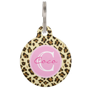 Médaillon Pour Animaux Élégant Empreinte de léopard et Monogramme rose