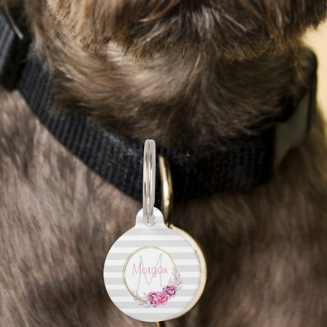 Médaillon Pour Animaux Elégant floral Gold Bordure bandes Monogramme (Elegant Floral Gold Border Stripes Monogram Pet ID Tag)
