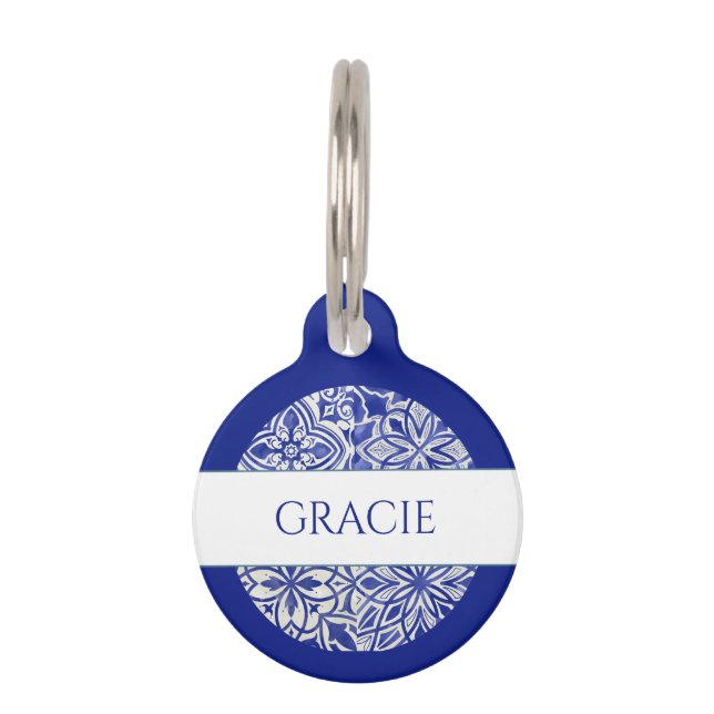 Médaillon Pour Animaux Élégant Monogramme Carreaux Personnalisés Bleu Bla (Devant)