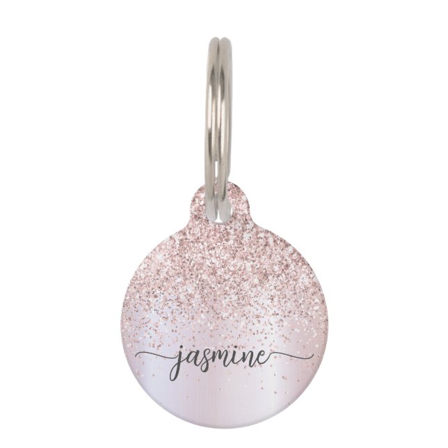 Médaillon Pour Animaux Élégant Rose Gold Glitter Monogramme Nom Script   (Devant)