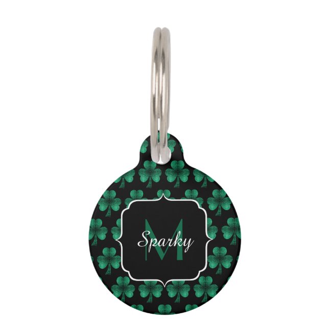 Médaillon Pour Animaux Emerald Green Sparkle Shamrock noir Monogramme (Devant)